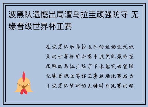 波黑队遗憾出局遭乌拉圭顽强防守 无缘晋级世界杯正赛