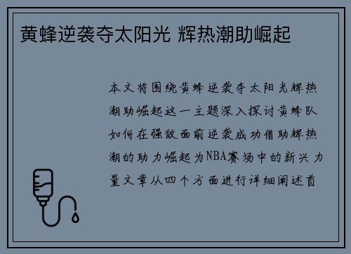 黄蜂逆袭夺太阳光 辉热潮助崛起